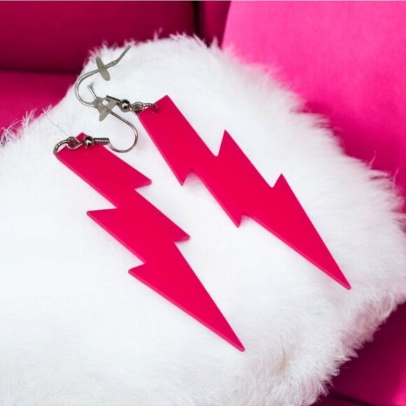 Neon Pink Lightning Bolt Earrings Blacklight Glow Party Glowwave 80s Retro Dark - Picture 5 of 7